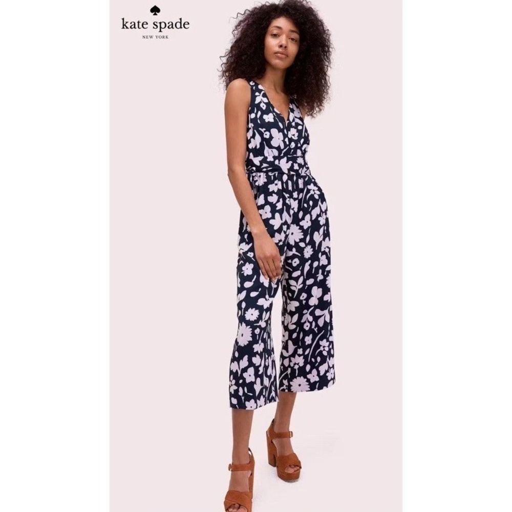 Kate Spade New‎ York Splash Tie Waist Jumpsuit Navy Pink Floral Wide Leg Size 2